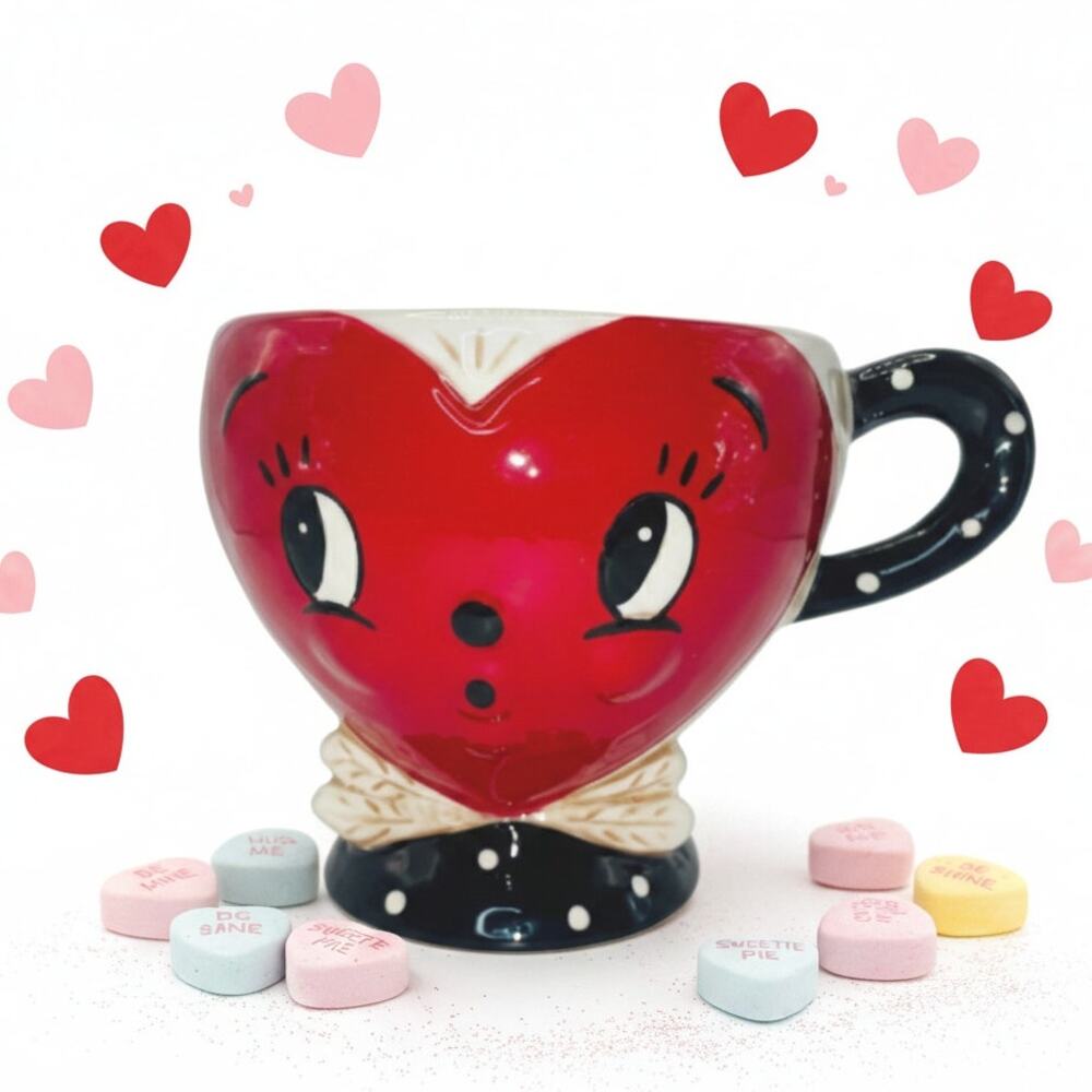 Johanna Parker Valentine Heart Mug Anthropomorphic Red Heart Black Polka Dot